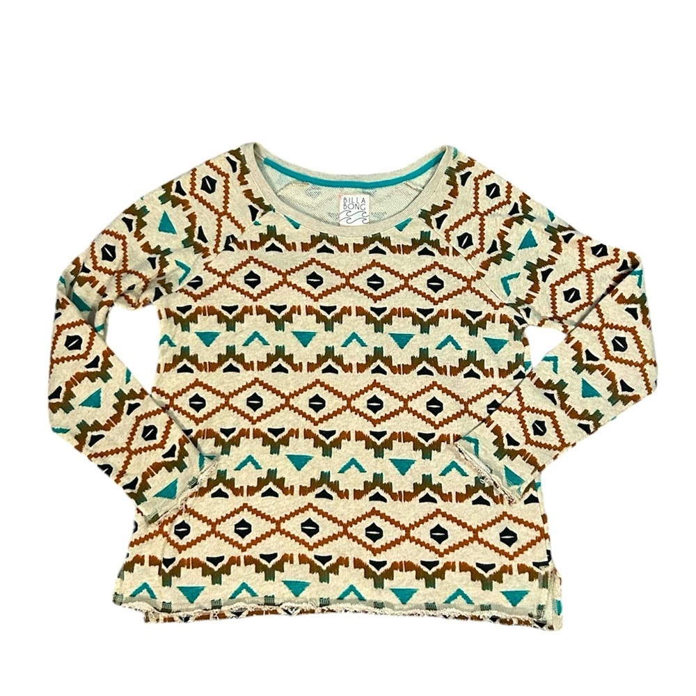 Billabong Aztec design crewneck sweatshirt with raw hemline/cuffs XL